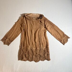 Soft Surroundings Silk Embroidered Renee Cowl Tunic w/ Slip in Brown, XS